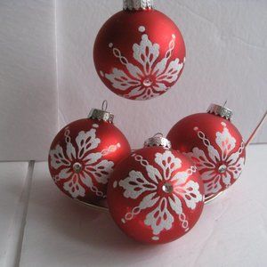 4 G & B Red Glass Christmas Ball Ornaments with Snowflake Floral Design & Sequin